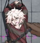  1boy 1other arms_up bangs blood blood_from_mouth blurry blurry_foreground bound brown_shirt chain danganronpa_(series) danganronpa_2:_goodbye_despair danganronpa_another_episode:_ultra_despair_girls depth_of_field english_commentary holding komaeda_nagito long_sleeves looking_at_viewer male_focus messy_hair mittens official_alternate_costume open_mouth pink_blood red_shirt shirt solo_focus striped striped_shirt teeth tile_wall tiles upper_body white_hair yandr4hope 