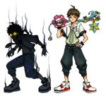  2boys bangs black_hair black_pants brown_hair chain character_request claws commentary_request danganronpa_(series) danganronpa_2:_goodbye_despair dual_persona fingerless_gloves frown full_body gloves hand_on_hip hinata_hajime holding holding_weapon kingdom_hearts male_focus multiple_boys pants red_footwear shirt shirt_tucked_in shoes short_hair short_sleeves simple_background sneakers spiked_hair standing weapon white_background yandr4hope 