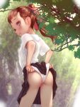  1girl :t ass blurry brown_hair clothes_lift day depth_of_field lifted_by_self original outdoors panties ponytail pout school_uniform skirt skirt_lift soon_(c-u-soon) tree underwear wedgie white_panties 
