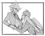  2boys ahoge bangs collared_shirt crossdressing danganronpa_(series) danganronpa_2:_goodbye_despair dress_shirt english_commentary formal greyscale hinata_hajime jacket komaeda_nagito long_sleeves looking_at_another male_focus messy_hair monochrome mouth_hold multiple_boys necktie no_shoes open_clothes open_jacket pants pleated_skirt shirt shirt_tucked_in short_hair skirt smile thighhighs yandr4hope yaoi 