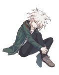  1boy bangs black_pants brown_footwear closed_mouth danganronpa_(series) danganronpa_2:_goodbye_despair full_body green_jacket grey_background grey_eyes haizai hood jacket knees_up komaeda_nagito long_sleeves looking_at_viewer male_focus messy_hair pants shirt shoes short_hair simple_background sitting smile solo 