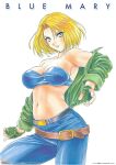  1girl bandeau bare_shoulders blonde_hair blue_eyes blue_mary breasts character_name denim feet_out_of_frame fingerless_gloves gamest gloves green_gloves green_jacket jacket jeans large_breasts long_sleeves navel nishitsuki_tsutomu off_shoulder pants scan short_hair simple_background smile snk solo the_king_of_fighters white_background 
