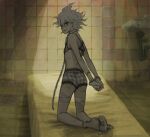  ass bangs bare_arms barefoot bed blush bra chain collar commentary crossdressing cuffs danganronpa_(series) danganronpa_2:_goodbye_despair from_behind grey_hair handcuffs kneeling komaeda_nagito lace_trim looking_back medium_hair messy_hair metal_collar nail_polish on_bed open_mouth red_nails short_hair sink smile solo tile_wall tiles underwear underwear_only yandr4hope 