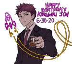  1boy bangs black_jacket brown_hair commentary cup danganronpa_(series) danganronpa_3_(anime) dated formal happy_birthday holding holding_cup jacket kirigiri_jin long_sleeves looking_at_viewer male_focus necktie purple_neckwear rocket short_hair simple_background smile solo teeth upper_body white_background yandr4hope 