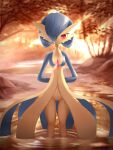  1girl :3 absurdres alternate_color alternate_eye_color ancesra arms_behind_back artist_name ass_visible_through_thighs bangs blue_skin blurry blurry_background blush bob_cut breasts closed_mouth colored_skin english_text forest gardevoir gen_3_pokemon hair_over_one_eye half-closed_eyes happy highres light_rays looking_at_viewer multicolored multicolored_skin nature outdoors partially_submerged patreon_username pokemon pokemon_(creature) pussy red_eyes ripples shiny_pokemon short_hair small_breasts smile solo standing straight-on stream sunlight sunset tree two-tone_skin uncensored wading water watermark white_skin 