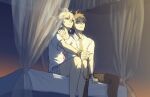  2boys ahoge bangs blonde_hair bound bound_wrists brown_hair brown_pants collarbone collared_shirt couple curtains danganronpa_(series) danganronpa_2:_goodbye_despair english_commentary from_below hinata_hajime indoors komaeda_nagito looking_at_another male_focus male_underwear multiple_boys necktie on_bed pants plaid print_shirt rope shirt short_hair sitting smile underwear white_shirt window yandr4hope yaoi 