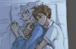  2boys ahoge bangs bed blush brown_hair collared_shirt danganronpa_(series) danganronpa_2:_goodbye_despair from_above grabbing grey_hair hinata_hajime hospital_gown komaeda_nagito lying male_focus messy_hair multiple_boys necktie on_side open_mouth pillow shirt short_hair sketch spiked_hair spooning sweat white_shirt yandr4hope yaoi 