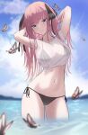  1girl arms_behind_head bikini black_bikini breasts bug butterfly cloud go-toubun_no_hanayome head_tilt highres insect long_hair looking_at_viewer marinesnow medium_breasts nakano_nino navel pink_butterfly pink_hair purple_eyes sketch sky solo swimsuit two_side_up water wet 