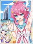  2girls :d absurdres armpits bangs beach blue_eyes blue_hair blue_nails blue_sky building closed_mouth cloud cloudy_sky dress dspring426 dubai hair_between_eyes hair_bun hair_ornament highres honkai_(series) honkai_impact_3rd horns liliya_olenyeva long_hair looking_at_viewer multiple_girls nail_art nail_polish ocean open_mouth outdoors palm_tree pink_hair pink_nails purple_nails rozaliya_olenyeva sand selfie shirt siblings single_horn sky sleeveless sleeveless_shirt smile summer sundress tree twins twintails v yellow_nails 