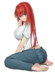  1girl absurdres aozaki_aoko ass barefoot blue_eyes blue_pants breasts dddm denim from_behind full_body hair_intakes highres impossible_clothes impossible_shirt jeans large_breasts long_hair looking_at_viewer melty_blood on_floor pants red_hair shirt sitting soles solo t-shirt thumb_sucking toes tsukihime turning_head wariza white_background 