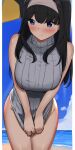  1girl bangs black_hair blue_eyes blush breasts closed_mouth covering covering_crotch cowboy_shot dress embarrassed eyebrows_visible_through_hair grey_dress grey_hairband grey_sweater hairband highres horizon idolmaster idolmaster_cinderella_girls large_breasts leaning_forward long_hair looking_away looking_to_the_side mattyazuki no_panties ocean sagisawa_fumika sleeveless sleeveless_dress sleeveless_sweater solo sweater sweater_dress thighs 