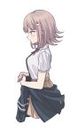  animal_hood bangs black_jacket black_shirt blush brown_hair brown_skirt cat_hood clothes_around_waist cropped_legs danganronpa_(series) danganronpa_2:_goodbye_despair from_side grey_background haizai hood jacket jacket_around_waist nanami_chiaki neck_ribbon pleated_skirt red_ribbon ribbon shirt shirt_tucked_in short_sleeves simple_background skirt smile spaceship_hair_ornament white_shirt 