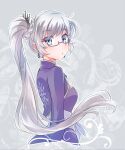  1girl :o absurdres bangs blue_eyes breasts cropped_torso dress earrings eyebrows_visible_through_hair floating_hair from_side glasses grey_background highres iesupa jewelry long_hair long_sleeves looking_at_viewer purple_dress rwby side_ponytail silver_hair solo tiara upper_body very_long_hair weiss_schnee white_hair 