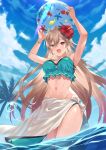  1girl :d aqua_bikini armpits arms_up ball bangs bare_shoulders beachball bikini blue_sky blush breasts brown_hair cloud commentary_request day earrings eyebrows_visible_through_hair flower furen_e_lustario groin hair_between_eyes hair_flower hair_ornament highres holding holding_ball jewelry long_hair looking_at_viewer medium_breasts mosomoso navel nijisanji open_mouth outdoors palm_tree red_eyes red_flower sarong sky smile solo sun sunlight swimsuit transparent tree very_long_hair virtual_youtuber water water_drop 