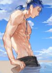  1boy abs absurdres alternate_costume biceps blue_hair blue_sky bok closed_mouth cu_chulainn_(fate)_(all) cu_chulainn_(fate/stay_night) fate/stay_night fate_(series) from_side groin highres long_hair male_focus male_swimwear muscular muscular_male outdoors partially_submerged pectorals ponytail red_eyes shirtless sky smile solo spiked_hair water wet 