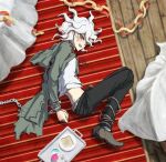  1boy :d arms_behind_back artist_name bangs belt black_pants blush bound brown_belt chain chained cuffs danganronpa_(series) danganronpa_2:_goodbye_despair food from_above from_side green_jacket handcuffs jacket komaeda_nagito lying male_focus male_underwear on_side open_mouth pale_skin pants plaid print_shirt shirt shoes smile solo stomach toast underwear upper_teeth white_hair white_shirt yandr4hope 