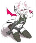  1boy bangs black_gloves black_sclera chain collar collarbone colored_sclera danganronpa_(series) danganronpa_2:_goodbye_despair demon_boy demon_horns demon_tail demon_wings elbow_gloves english_commentary fangs gloves grey_background hair_between_eyes highres horns komaeda_nagito looking_at_viewer male_focus medium_hair metal_collar navel no_shoes open_mouth otoko_no_ko pale_skin red_eyes restrained shirt simple_background smile solo stomach striped striped_legwear tail thighhighs wings yandr4hope 