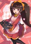  1girl ashley_(warioware) baking_sheet black_legwear brown_eyes brown_hair checkerboard_cookie cookie dress eating food herunia_kokuoji highres long_hair long_sleeves mouth_hold oven_mitts pantyhose pink_background red_dress skull_brooch solo standing sweets twintails warioware wrapped_candy 