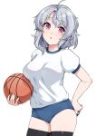  1girl :o adjusting_buruma adjusting_clothes balloon basketball black_legwear blue_buruma buruma commentary haruhisky haruhisky-chan highres looking_at_viewer original purple_eyes short_hair short_sleeves silver_hair thighhighs 