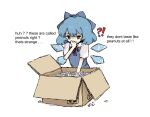  !? 04119_snail 1girl absurdres bangs blouse blue_blouse blue_bow blue_eyes blue_hair bow box cardboard_box cirno commentary eating english_commentary english_text eyebrows_visible_through_hair hair_bow highres ice ice_wings packing_peanuts short_hair short_sleeves simple_background sitting solo touhou white_background white_blouse wings 