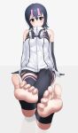  1girl absurdres bangs bare_shoulders black_hair black_legwear black_skirt blush brown_eyes commentary crossed_legs deku_suke elbow_gloves eyebrows_visible_through_hair feet foot_focus foreshortening frown gloves grey_background hair_between_eyes headphones headphones_around_neck highres humboldt_penguin_(kemono_friends) kemono_friends looking_at_viewer miniskirt multicolored_hair pink_hair pleated_skirt short_hair simple_background skirt solo stirrup_legwear thighhighs toeless_legwear toes two-tone_hair 