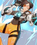  1girl ass_visible_through_thighs bodysuit bomber_jacket brown_eyes brown_hair brown_jacket chest_harness cropped_jacket dutch_angle harness highres jacket leather mizu_(dl7613) multiple_piercings orange_bodysuit orange_goggles overwatch power_armor solo spiked_hair thighs tracer_(overwatch) union_jack 