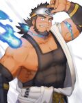  1boy arm_up bara bare_shoulders beard black_hair black_tank_top blue_fire covered_abs cowboy_shot dark-skinned_male dark_skin facial_hair fire forehead_protector forked_eyebrows highres large_pectorals looking_at_viewer male_cleavage male_focus mature_male muscular muscular_male ninja nipple_slip nipples pectorals sandayu_(tokyo_houkago_summoners) see-through short_hair sidepec smile solo tank_top tied_hair tokyo_houkago_summoners white_background yanutorie 
