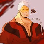  1boy bara bodysuit boku_no_hero_academia character_request fangs highres large_pectorals looking_at_viewer male_cleavage male_focus mature_male muscular muscular_male pectorals portrait red_bodysuit short_hair sideburns solo stormcallart upper_body white_hair 