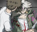  2boys bangs blood brown_hair collarbone danganronpa_(series) danganronpa_2:_goodbye_despair english_commentary green_jacket grey_hair hair_between_eyes hinata_hajime hood jacket komaeda_nagito lying male_focus messy_hair multiple_boys on_back open_clothes open_jacket polearm print_shirt shirt short_hair short_sleeves spear weapon yandr4hope 