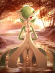  1girl :3 absurdres ancesra arms_behind_back artist_name ass_visible_through_thighs bangs blurry blurry_background blush bob_cut breasts closed_mouth colored_skin english_text forest gardevoir gen_3_pokemon green_skin hair_over_one_eye half-closed_eyes happy highres light_rays looking_at_viewer multicolored multicolored_skin nature outdoors partially_submerged patreon_username pokemon pokemon_(creature) pussy red_eyes ripples short_hair small_breasts smile solo standing straight-on stream sunlight sunset tree two-tone_skin uncensored wading water watermark white_skin 