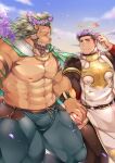  2boys abs animal_ears arsalan_(tokyo_houkago_summoners) bara beard black_bodysuit black_hair blush bodysuit bulge cape couple facial_hair furry furry_with_non-furry green_cape halo head_wreath highres hip_vent holding_hands interspecies large_pectorals lion_boy lion_ears looking_at_another male_focus mature_male medium_hair multiple_boys muscular muscular_male navel nipples pants pectorals pelvic_curtain shirtless short_hair sideburns skin_tight smile stomach stubble thick_thighs thighs tight tight_pants tokyo_houkago_summoners yaoi youzora_samo18 zabaniya_(tokyo_houkago_summoners) 