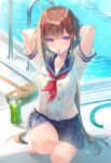  1girl arms_behind_head arms_up bare_legs barefoot blue_skirt bottle breasts brown_hair buttons double-breasted expressionless hair_tie_in_mouth long_hair looking_at_viewer miniskirt miwabe_sakura mouth_hold neckerchief one_knee original pleated_skirt poolside purple_eyes sailor_collar school_uniform serafuku shirt short_sleeves skirt small_breasts solo very_long_hair wet white_shirt 