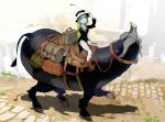  1girl 1other artist_name blue_skin colored_skin commentary_request demizu_posuka eggplant food formal fruit gloves green_hair hat horseback_riding luggage obon original riding shouryouuma top_hat watermelon 