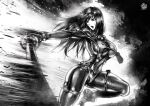  1girl artist_name bodysuit breasts gantz gantz_suit gantz_sword greyscale highres impossible_bodysuit impossible_clothes large_breasts long_hair monochrome motion_lines narrow_waist open_mouth shimohira_reika signature solo sweatdrop sword the_golden_smurf weapon 