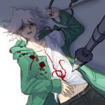  1boy bangs black_pants collarbone crying crying_with_eyes_open danganronpa_(series) danganronpa_2:_goodbye_despair english_commentary from_above green_jacket grey_hair jacket komaeda_nagito lying male_focus navel on_back open_clothes open_jacket open_mouth pants polearm print_shirt rope saliva shirt short_sleeves spear spoilers stomach tears upper_teeth weapon white_shirt yandr4hope 