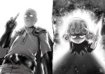  1boy 1girl anger_vein artist_name bald belt black_dress cape curly_hair dress electricity frown gloves greyscale highres lens_flare middle_finger monochrome one-punch_man saitama_(one-punch_man) signature tatsumaki the_golden_smurf zipper 