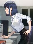  1girl absurdres artist_name bangs binder black_skirt blue_eyes blue_hair bob_cut bra bra_through_clothes breasts buta5813 computer desk from_side hand_on_hip highres huge_filesize indoors leaning_forward light_blush looking_ahead medium_breasts mouse_(computer) office office_lady original parted_lips profile see-through shirt short_hair sidelocks signature skirt solo standing underwear white_shirt yellow_bra 