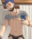  1boy abs blue_hair bulge cellphone clothes_lift cu_chulainn_(fate)_(all) cu_chulainn_(fate/stay_night) fang fate/stay_night fate_(series) grey_shirt highres holding holding_phone indoors jewelry jockstrap male_focus male_underwear mask mask_removed mondi_hl mouth_mask muscular muscular_male navel necklace nipples phone red_eyes seductive_smile shirt shirt_lift smartphone smile solo tongue tongue_out underwear 