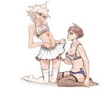  2girls ahoge bangs bare_arms blue_panties breasts brown_hair brown_legwear cleavage collarbone danganronpa_(series) danganronpa_2:_goodbye_despair floral_print from_side grey_hair hair_ornament hairclip hinata_hajime kneeling komaeda_nagito large_breasts medium_breasts messy_hair multiple_girls navel no_shoes panties panty_pull plaid plaid_panties pleated_skirt short_hair sitting skirt stomach_tattoo tattoo thighhighs underwear wariza white_skirt yandr4hope 