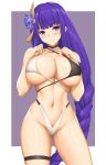  1girl arciealbano bangs bare_shoulders bikini black_bikini blush breasts cleavage collarbone genshin_impact hair_ornament highleg highleg_bikini highres large_breasts long_hair looking_at_viewer navel purple_eyes purple_hair raiden_(genshin_impact) solo swimsuit thighs two-tone_bikini white_bikini 