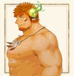  1boy abs alternate_pectoral_size animal_ears bara blush brown_eyes brown_hair completely_nude cow_boy cow_ears cow_horns dark-skinned_male dark_skin facial_hair feather_necklace fiery_horns forked_eyebrows from_side glowing_horns goatee highres horns large_pectorals long_sideburns male_focus muscular muscular_male nipples nude pectorals short_hair sideburns solo spiked_hair stomach thick_eyebrows tokyo_houkago_summoners wakan_tanka yanutorie 