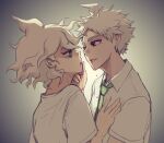  2boys bangs blonde_hair blood blood_from_mouth collared_shirt danganronpa_(series) danganronpa_2:_goodbye_despair english_commentary gradient gradient_background green_neckwear grey_background hand_on_another&#039;s_chin hand_on_another&#039;s_face hand_up hinata_hajime hinata_hajime_(awakened) komaeda_nagito looking_at_another male_focus multiple_boys necktie pink_blood red_eyes shirt short_hair short_sleeves upper_body white_hair white_shirt yandr4hope yaoi 