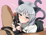  1boy 1girl animal_ears black_legwear blush cat_ears cat_tail censored cum cum_in_clothes cum_on_hair ejaculation erection facial handjob hetero military pantyhose pantyhose_removed penis penis_on_face sanya_v._litvyak shiny shiny_hair shiny_skin short_hair silver_hair solo_focus strike_witches tail tobiume_sayu uniform world_witches_series 