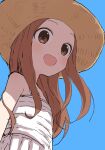  1girl :d brown_eyes brown_hair brown_headwear dress hat highres karakai_jouzu_no_takagi-san long_hair looking_at_viewer open_mouth sleeveless sleeveless_dress smile solo sundress takagi-san white_dress yamamoto_souichirou 