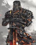  1boy armor breastplate commentary cowboy_shot dark_souls_i english_commentary full_body gauntlets hands_on_hilt helmet highres iron_knight_tarkus male_focus pauldrons planted planted_sword shimhaq shoulder_armor solo souls_(series) standing sword weapon 