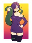 1girl absurdres bare_shoulders black_legwear blue_eyes blush border breasts bright_pupils cropped_legs dyun gradient gradient_background hand_on_hip head_tilt heart highres legs_together medium_breasts off-shoulder_sweater off_shoulder original outside_border purple_hair purple_sweater red_background smile solo sweat sweater tentacles thighhighs white_border white_pupils zone-tan 