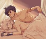  2boys anal bangs bed black_hair blanket blush collarbone danganronpa_(series) danganronpa_2:_goodbye_despair from_side grey_hair heterochromia hinata_hajime implied_anal implied_sex komaeda_nagito lying male_focus mechanical_arms messy_hair multiple_boys on_bed open_mouth pillow red_eyes sex short_hair single_mechanical_arm under_covers underwear wavy_mouth yandr4hope yaoi 