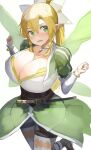  1girl absurdres bad_hands bangs belt blonde_hair blush bracelet braid breasts cleavage collarbone commentary_request cowboy_shot green_eyes hands_up highres huge_breasts jewelry large_breasts leafa long_hair looking_at_viewer mizuiro_sanshou open_mouth pointy_ears ponytail puffy_sleeves shorts side_braid solo sword sword_art_online twin_braids weapon wings 