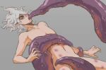  1boy ahoge bangs bare_shoulders brown_hair bruise collarbone danganronpa_(series) danganronpa_2:_goodbye_despair english_commentary fellatio from_side grey_background grey_hair injury irrumatio komaeda_nagito male_focus messy_hair nude oral short_hair simple_background solo suggestive_fluid tearing_up tentacle_sex tentacles yandr4hope 