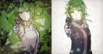  1girl aiming_at_viewer crying crying_with_eyes_open detached_collar evillious_nendaiki frown green_eyes green_hair grey_jacket gumi gun highres holding holding_gun holding_weapon hood hooded_jacket jacket nemesis_no_juukou_(vocaloid) nemesis_sudou pointing pointing_at_viewer revolver sad saigo_no_revolver_(vocaloid) short_hair_with_long_locks sketch snow streaming_tears tears vocaloid warabi_(danngo-mitarasi) weapon 